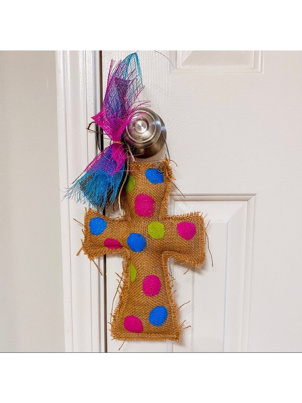 BOUTIQUE • Colorful Polkadot Burlap Cross Decor Hanger
